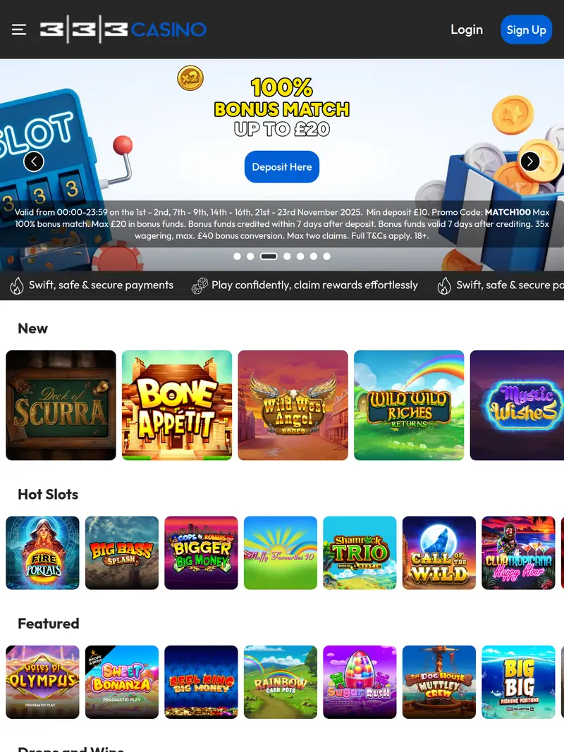 333 Casino - homepage (tablet)