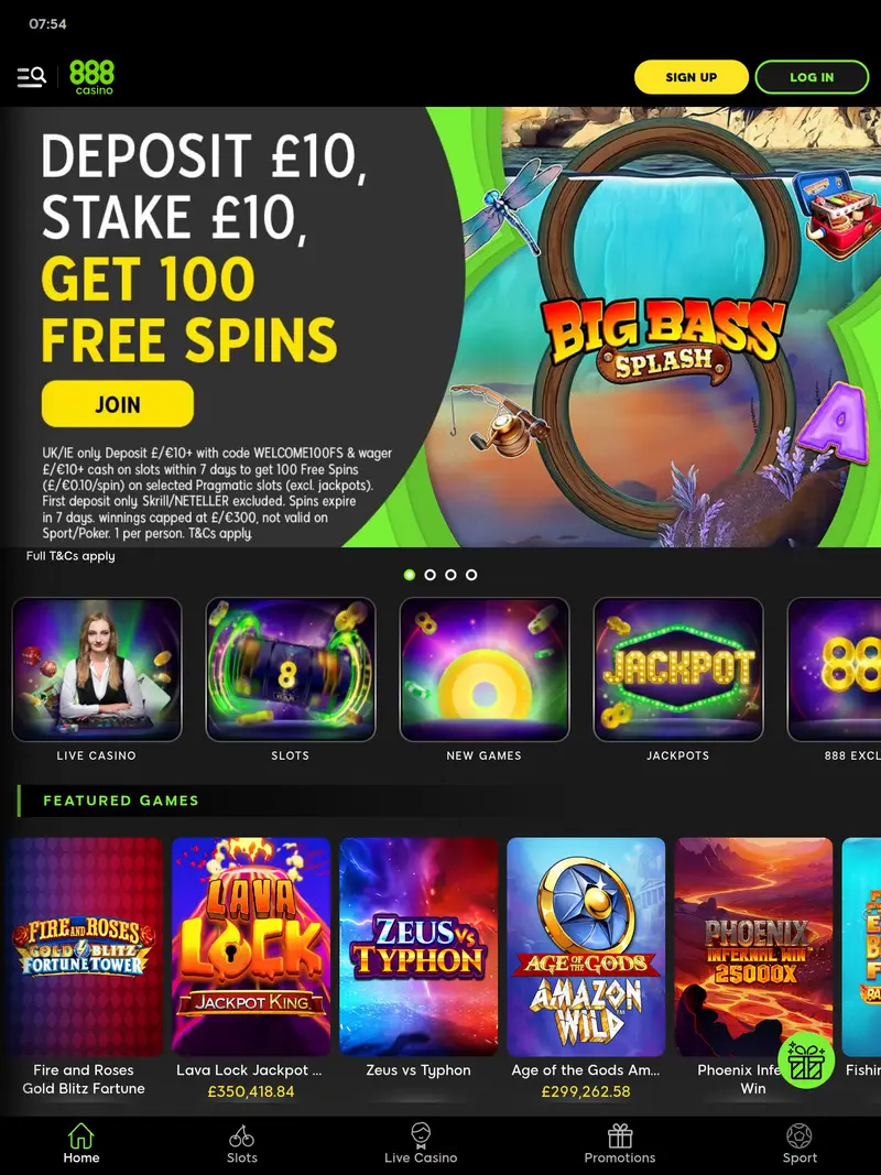 888 Casino - homepage (tablet)