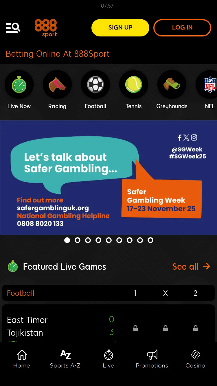 888 Sport - homepage (mobile)