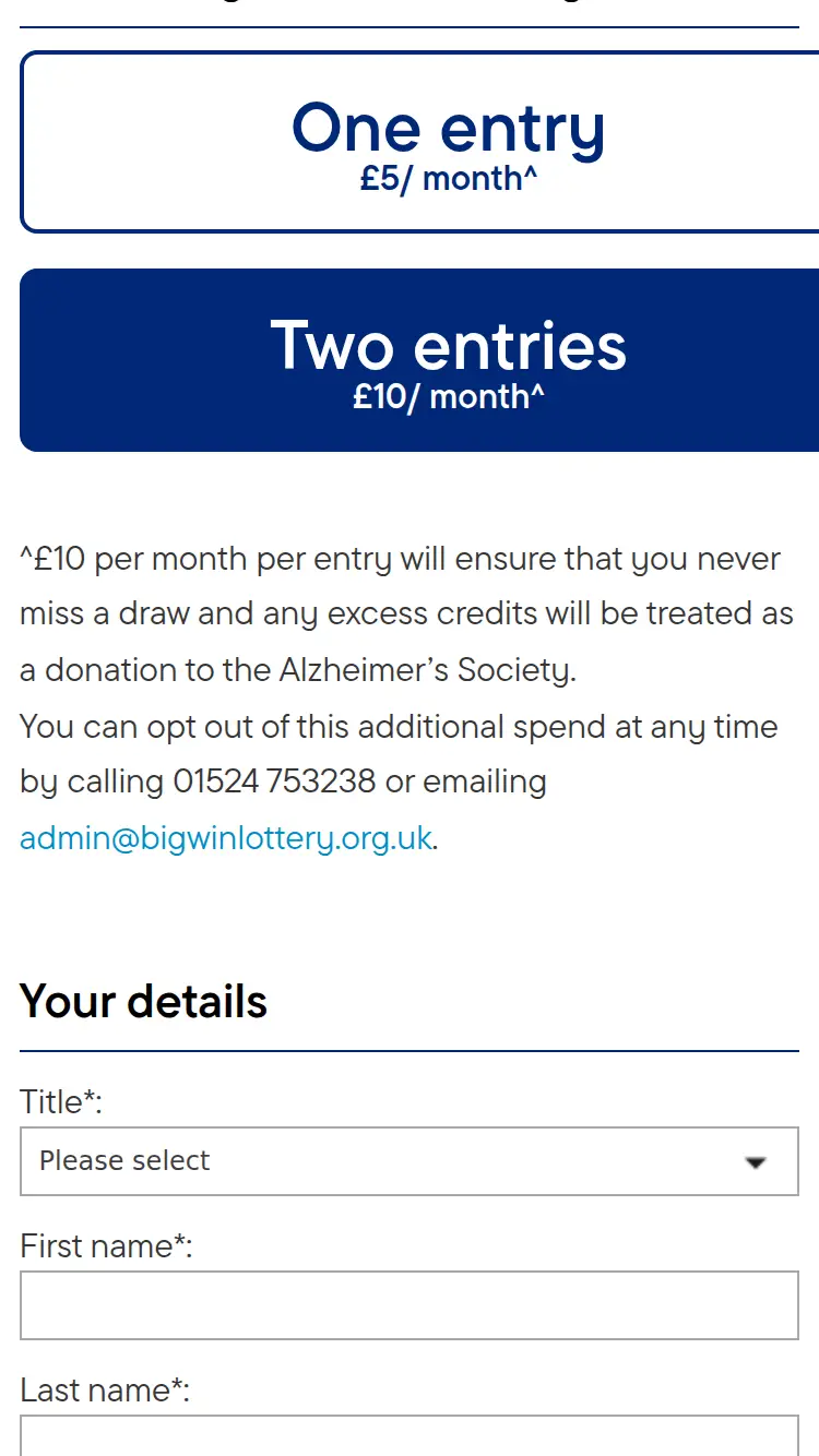 Alzheimer's Lottery - homepage (mobile)