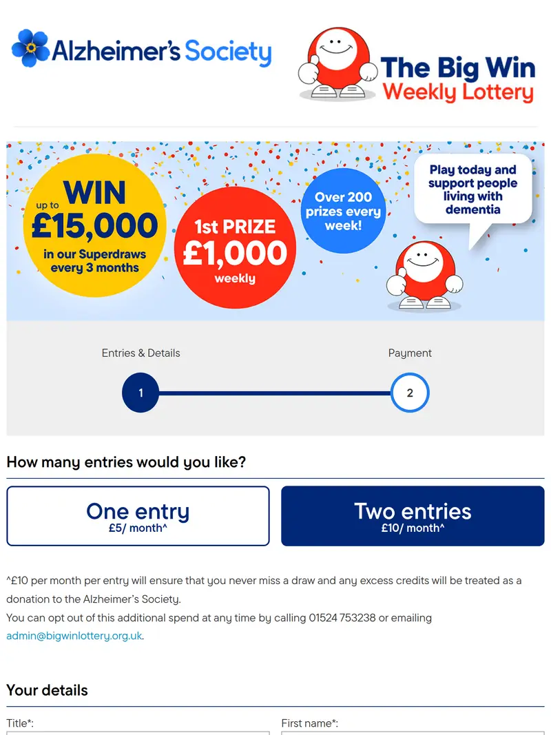 Alzheimer's Lottery - homepage (tablet)