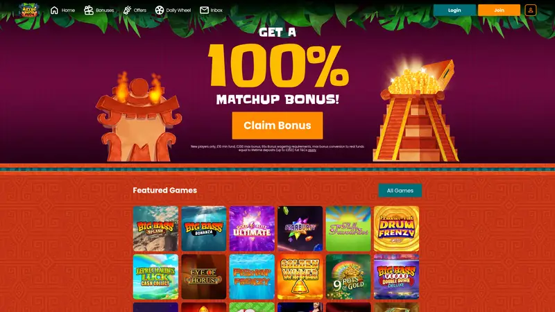 Aztec Wins - homepage (desktop)