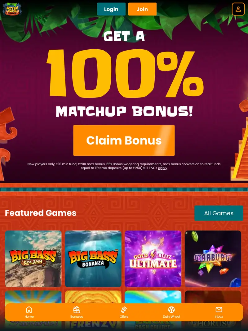 Aztec Wins - homepage (tablet)