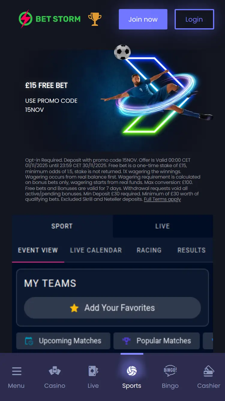 Betstorm - homepage (mobile)