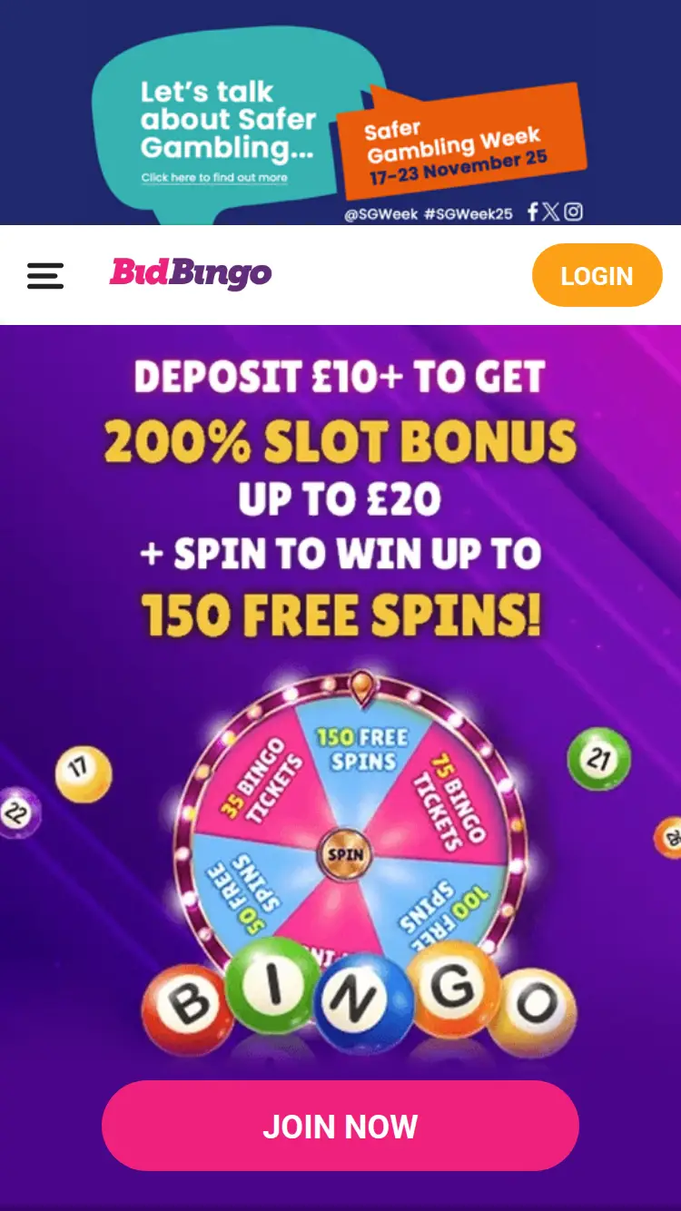 Bid Bingo - homepage (mobile)