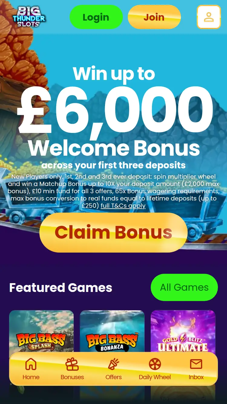 Big Thunder Slots - homepage (mobile)
