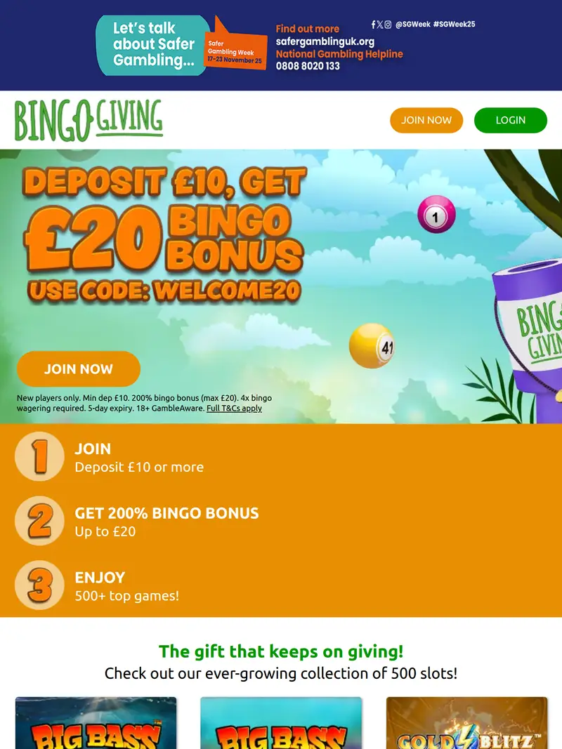 Bingo Giving - homepage (tablet)