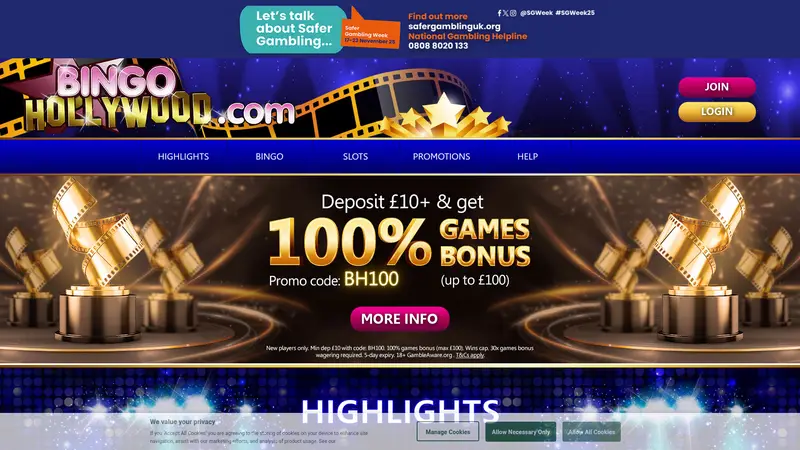 Bingo Hollywood - homepage (desktop)