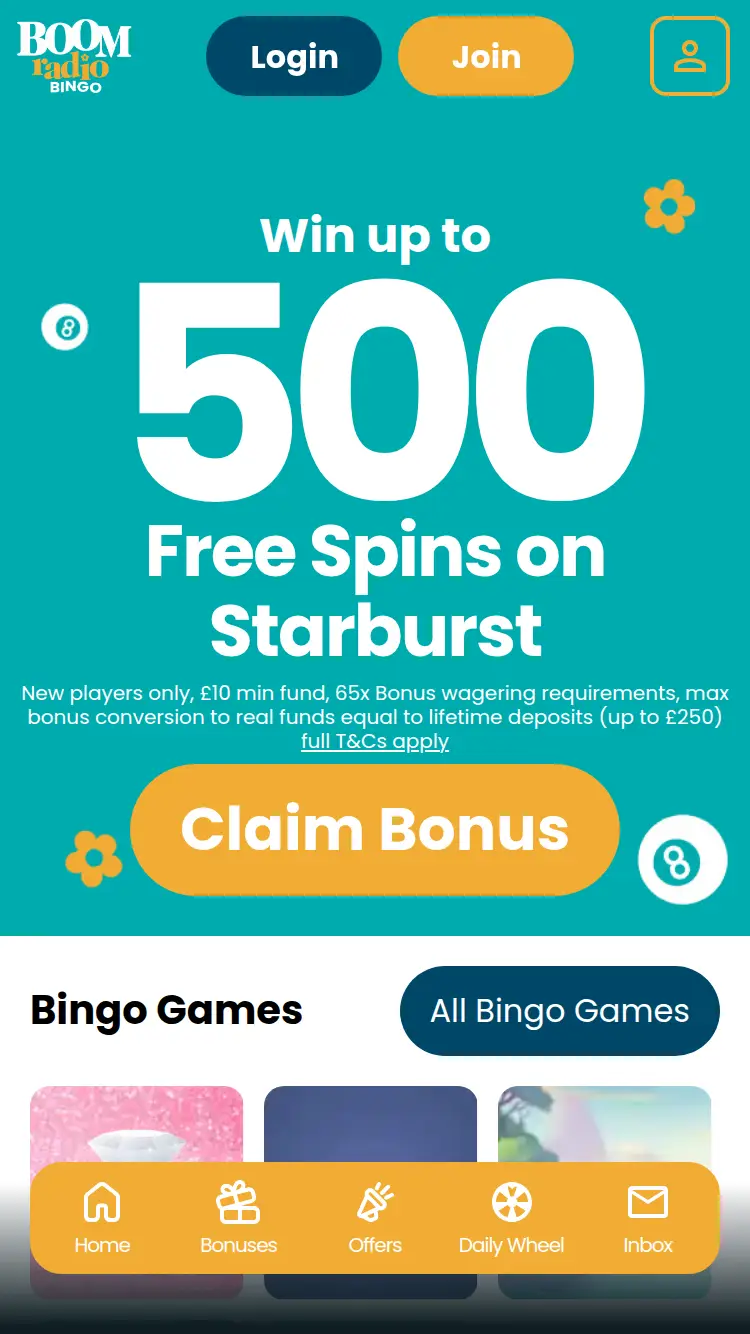 Boom Radio Bingo - homepage (mobile)