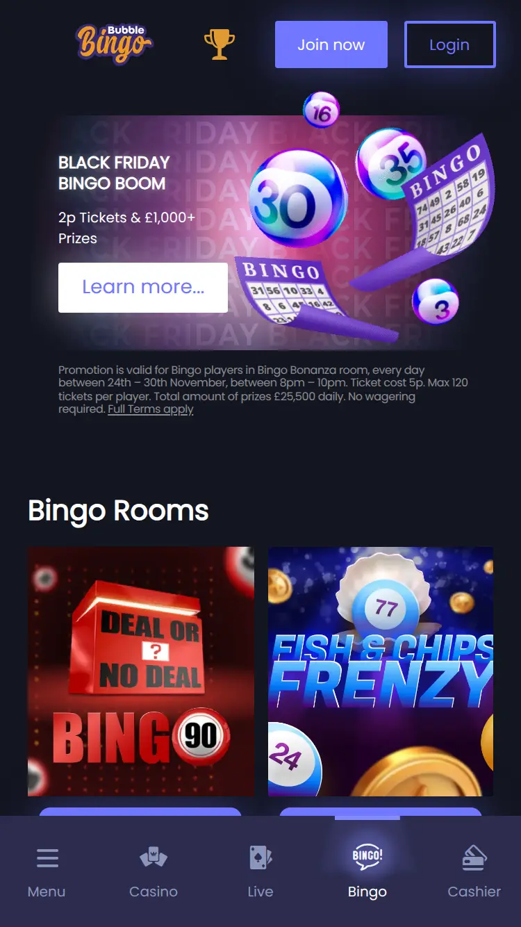 Bubble Bingo - homepage (mobile)
