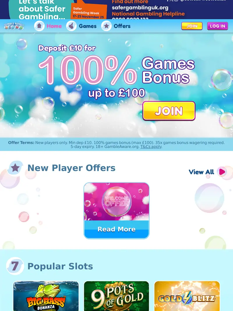 Bubble Bonus Bingo - homepage (tablet)