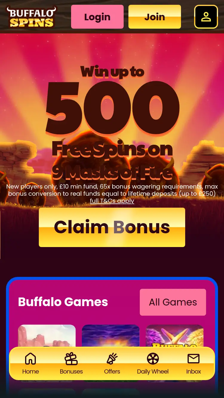 Buffalo Spins - homepage (mobile)