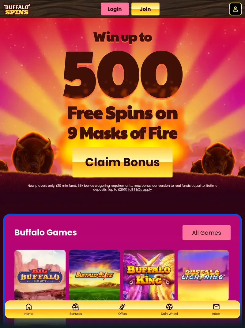 Buffalo Spins - homepage (tablet)
