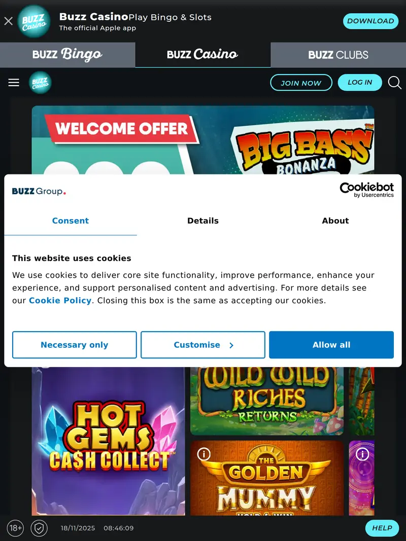 Buzz Casino - homepage (tablet)