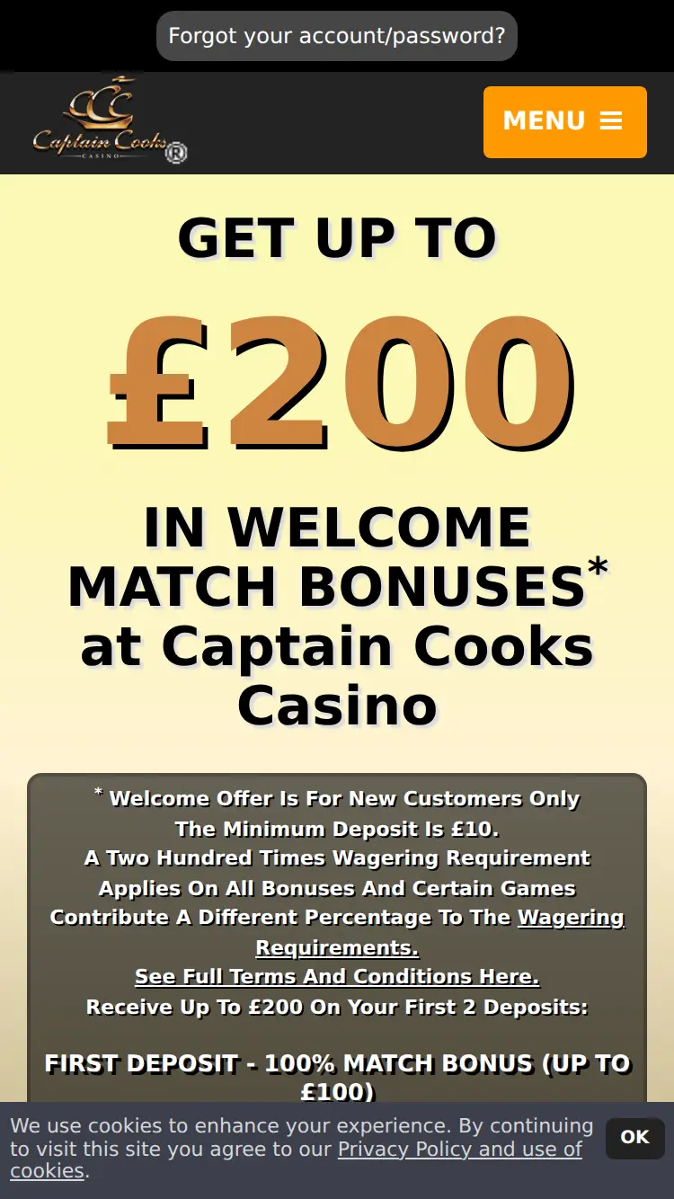 Captain Cook Casino - homepage (mobile)