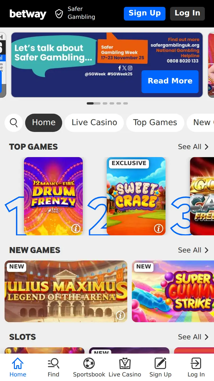 Betway Casino - homepage (mobile)