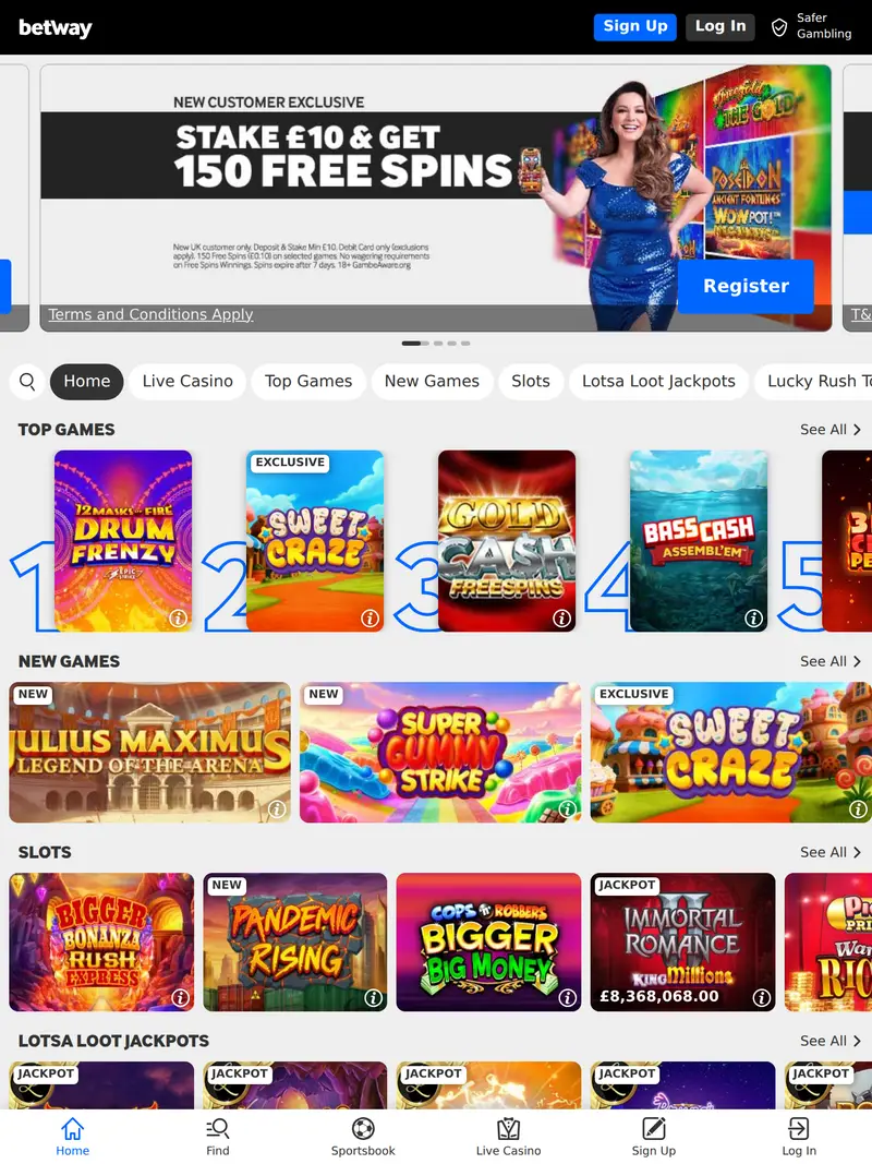 Betway Casino - homepage (tablet)