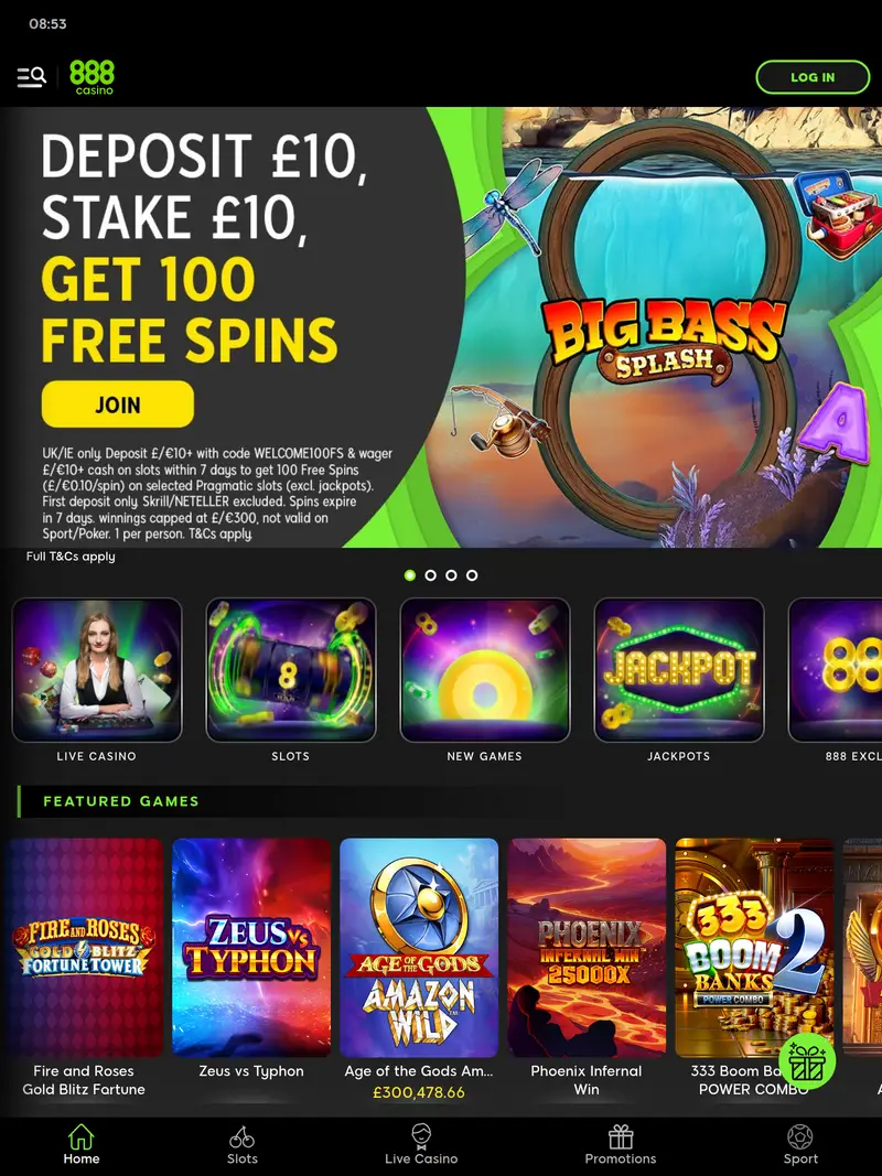 888 Sport Casino - homepage (tablet)