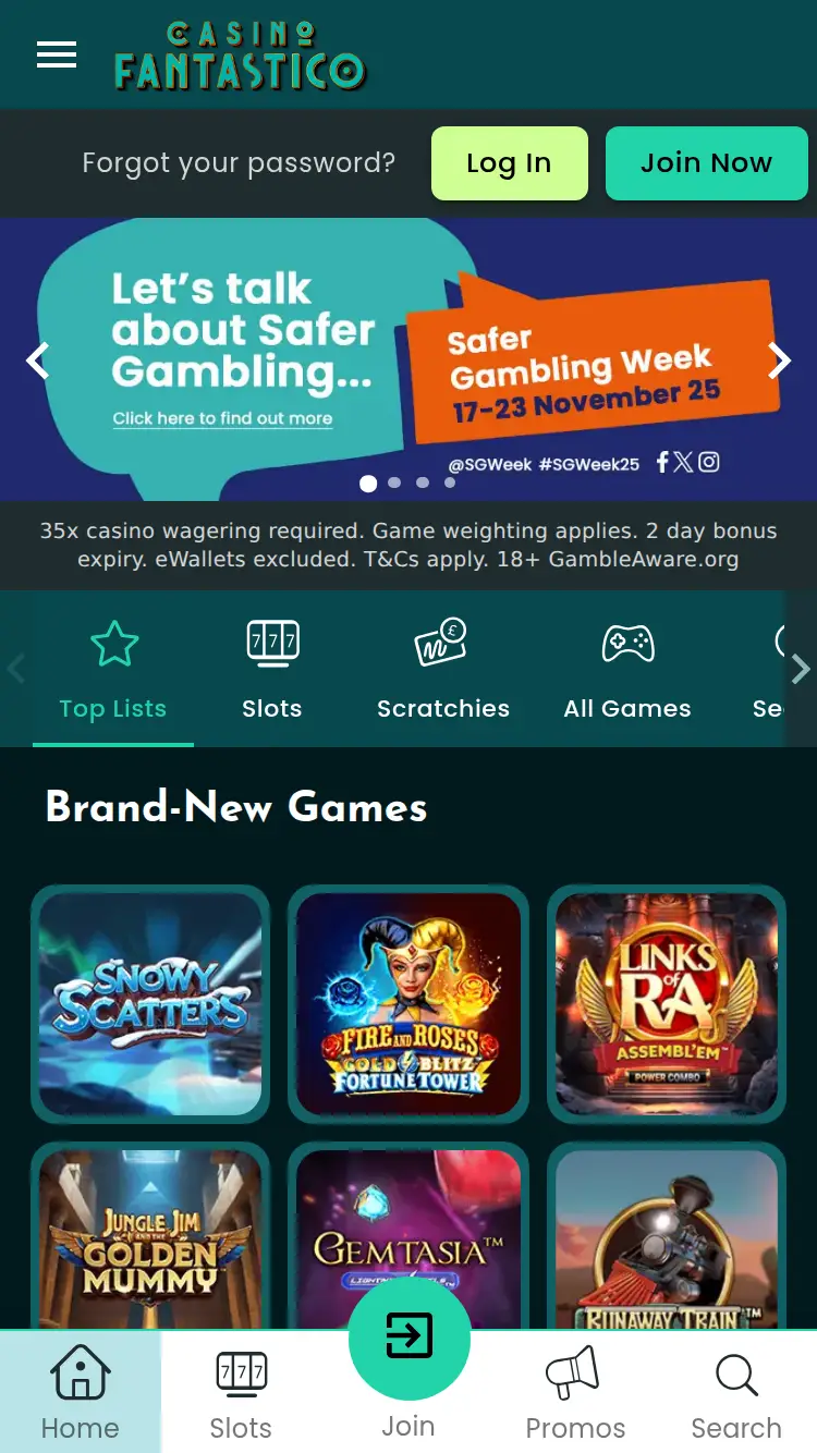 Casino Fantastico - homepage (mobile)