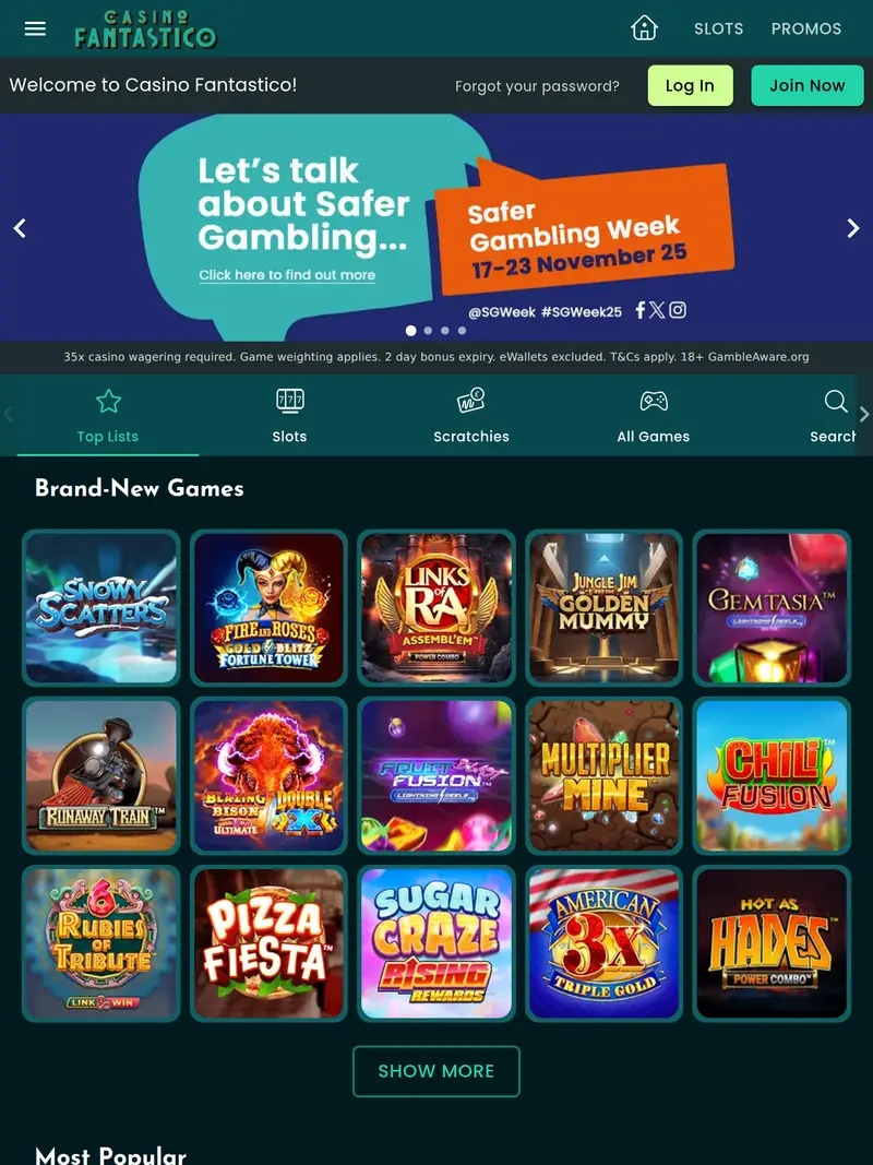 Casino Fantastico - homepage (tablet)