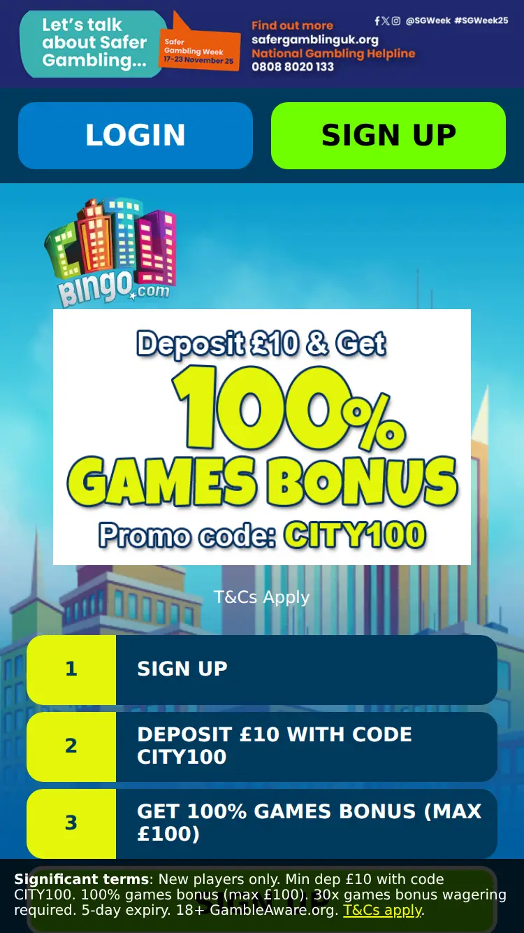 City Bingo - homepage (mobile)