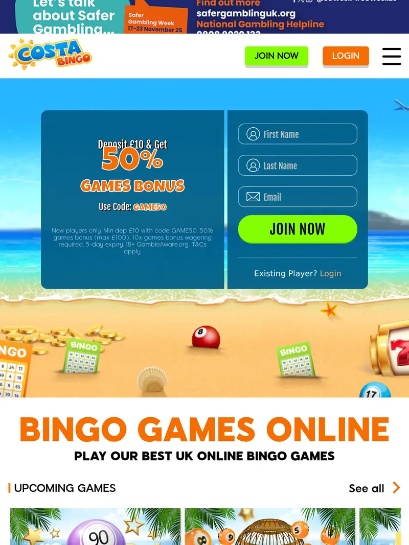 Costa Bingo - homepage (tablet)
