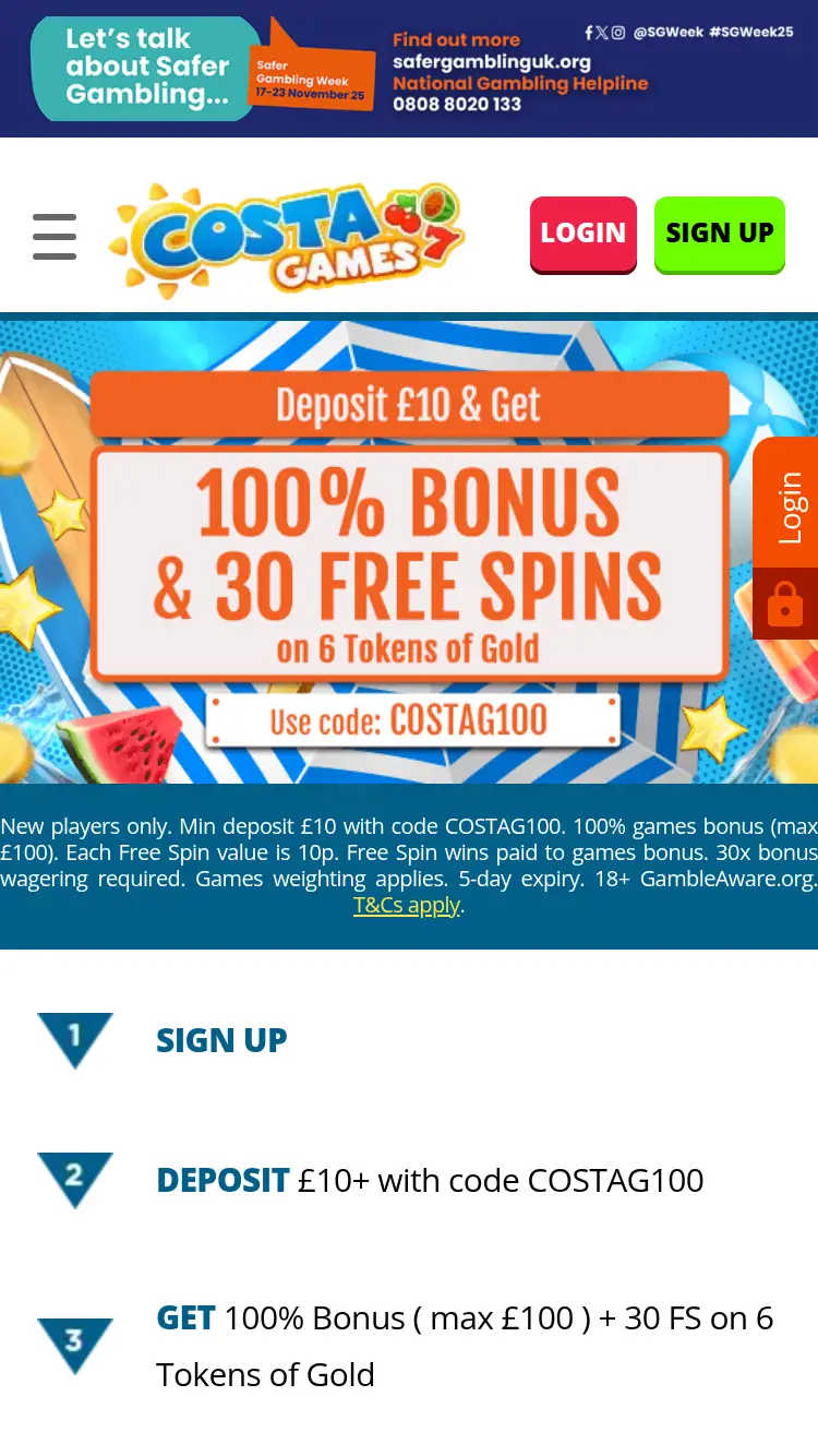 Costa Games - homepage (mobile)