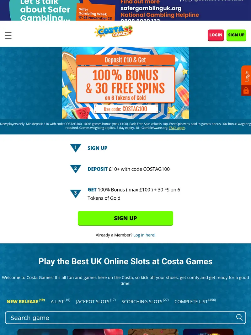 Costa Games - homepage (tablet)