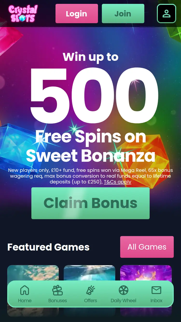 Crystal Slots - homepage (mobile)