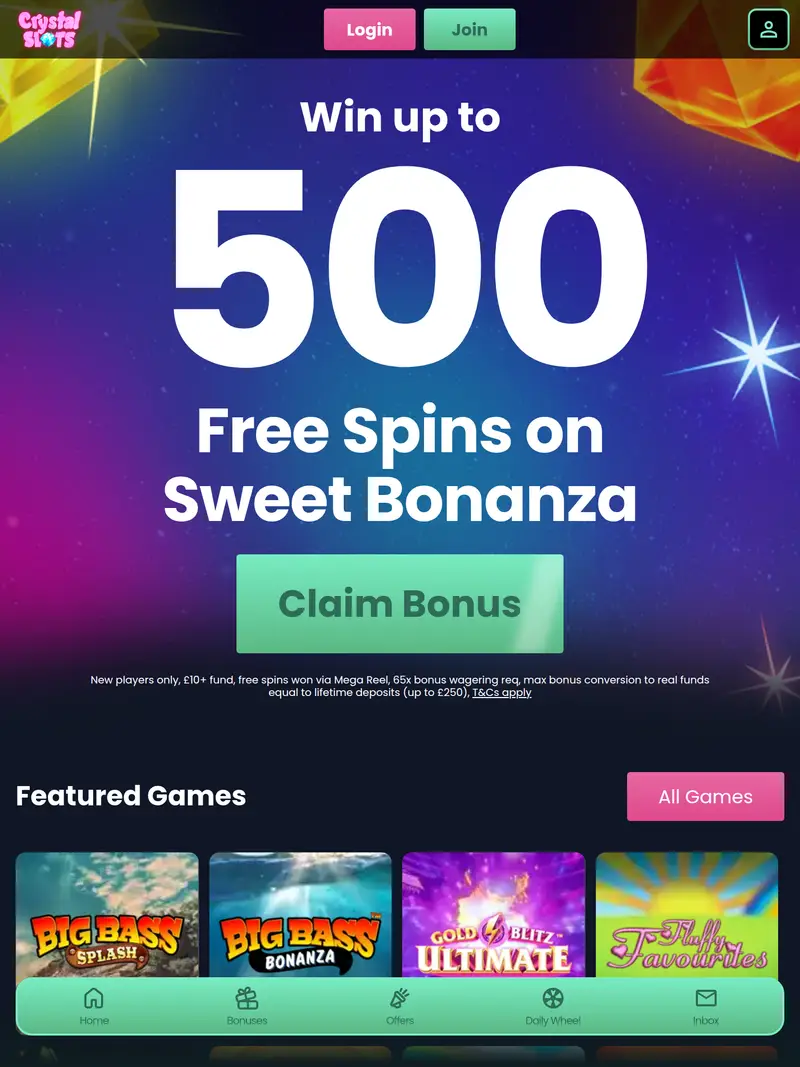 Crystal Slots - homepage (tablet)