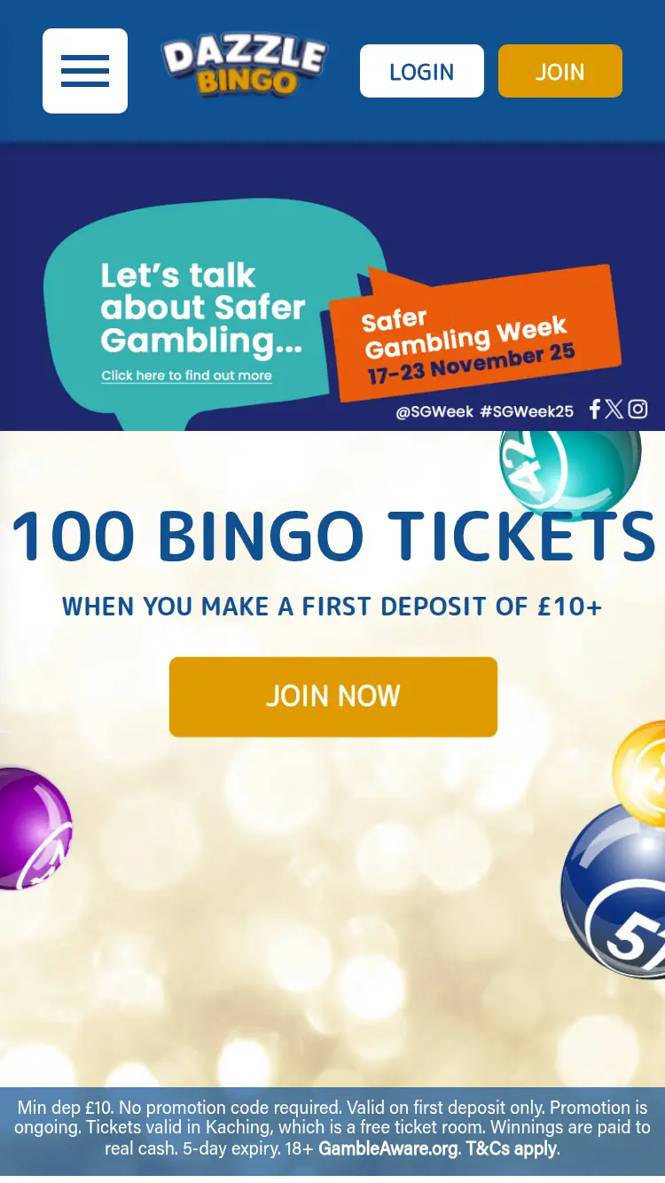 Dazzle Bingo - homepage (mobile)
