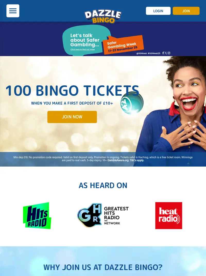 Dazzle Bingo - homepage (tablet)