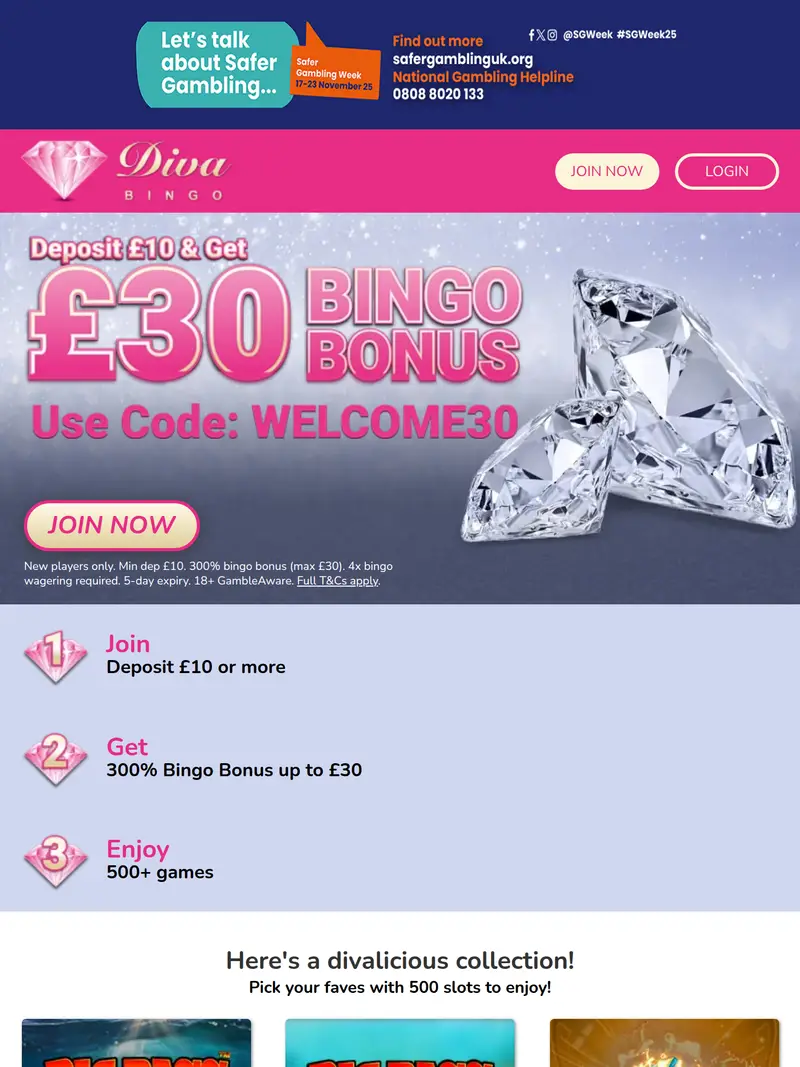Diva Bingo - homepage (tablet)