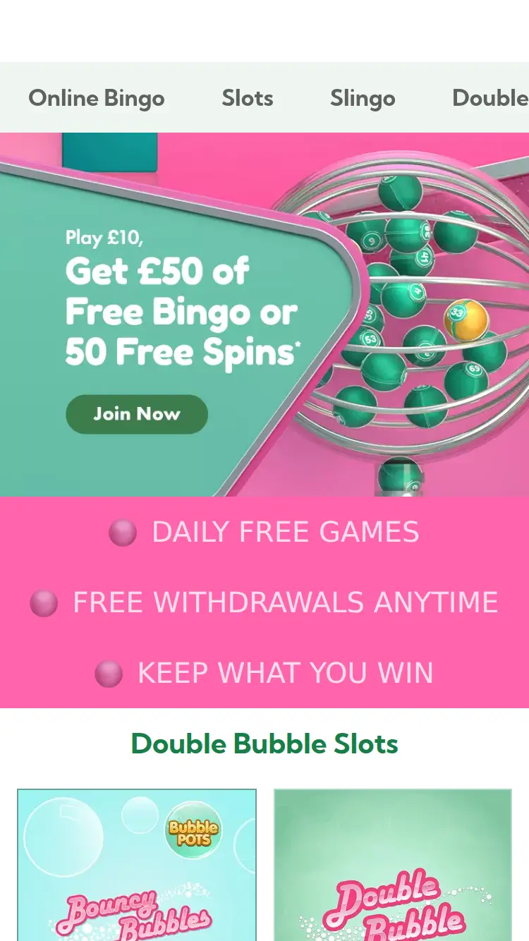 Double Bubble Bingo - homepage (mobile)