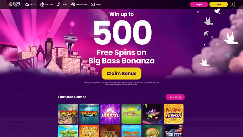 Dove Slots - homepage (desktop)