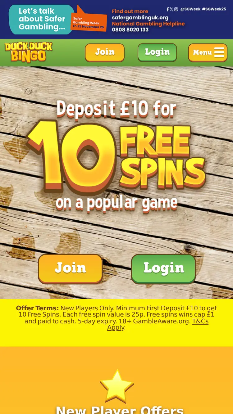 Duck Duck Bingo - homepage (mobile)