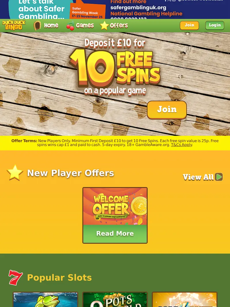 Duck Duck Bingo - homepage (tablet)