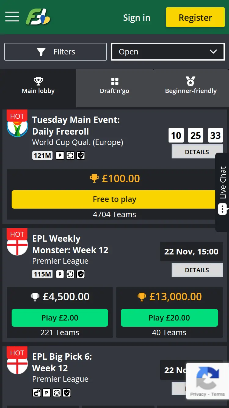 Fanteam - homepage (mobile)