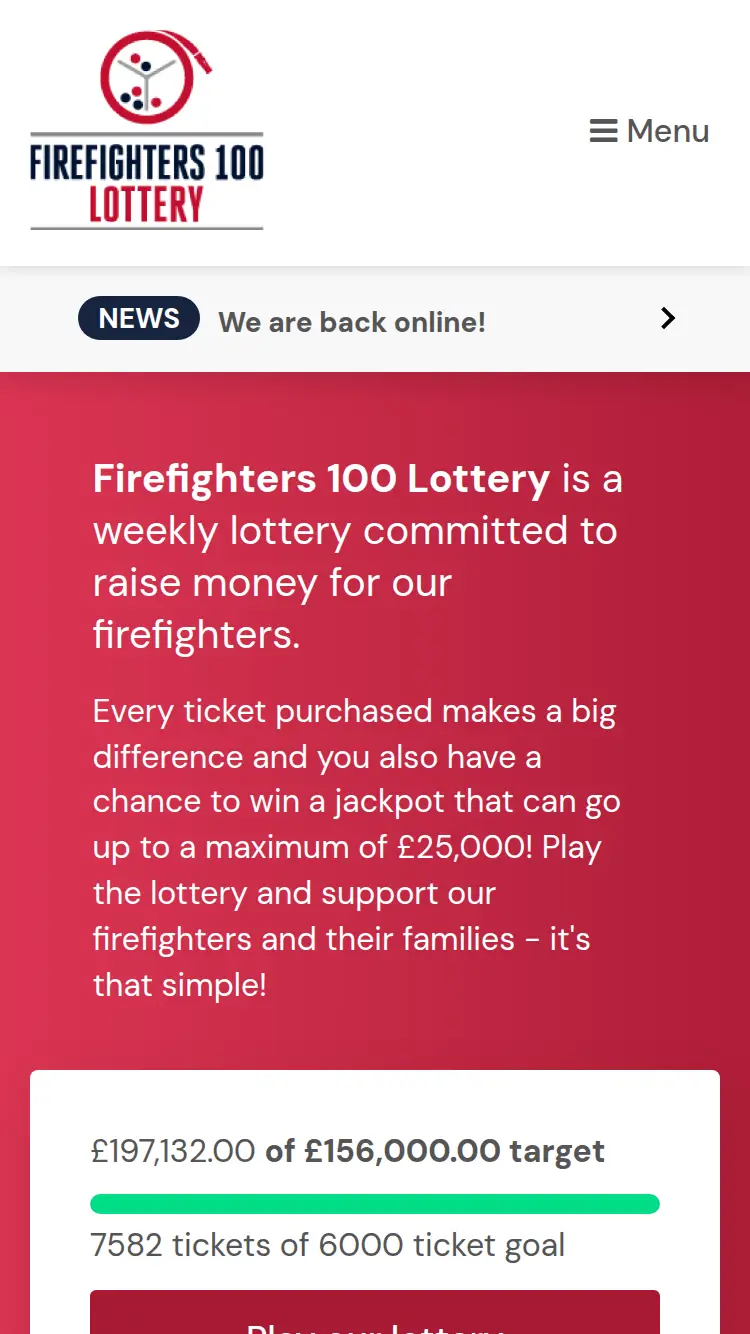 Firefighters 100 Lottery - homepage (mobile)