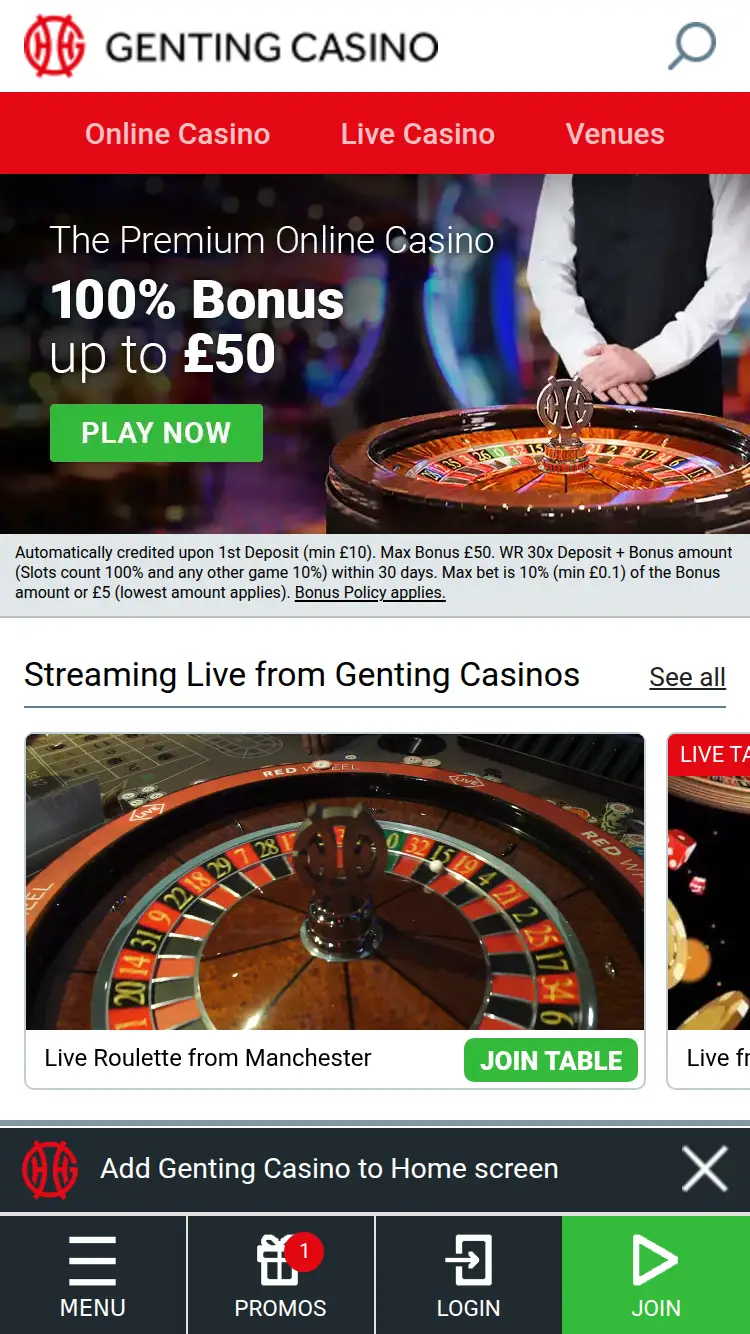 Genting Casino - homepage (mobile)