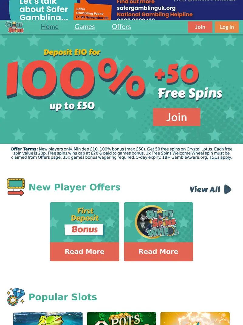 Giant Spins - homepage (tablet)