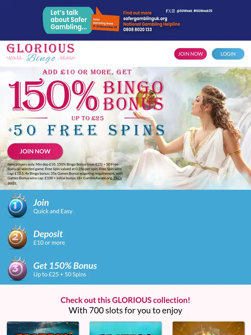 Glorious Bingo - homepage (tablet)