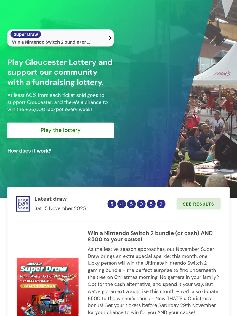 Gloucester Lottery - homepage (tablet)