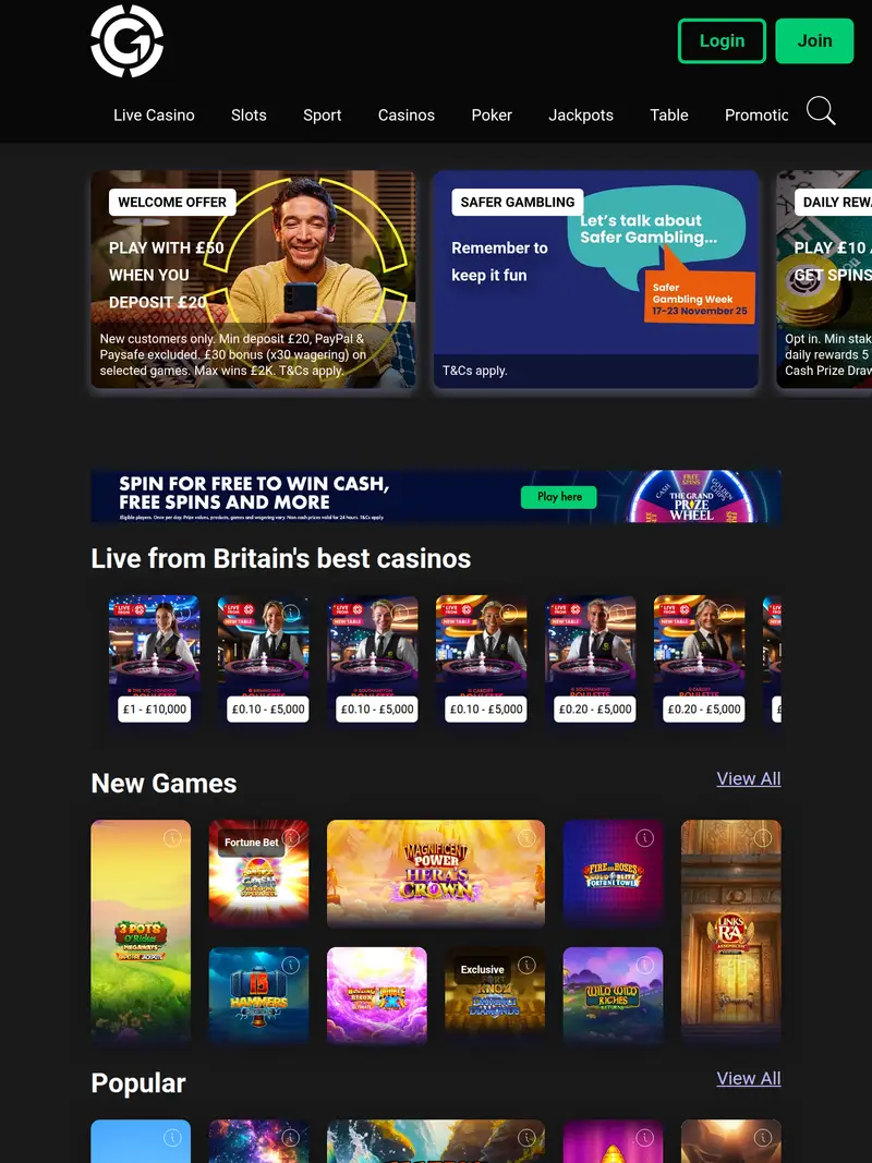 Grosvenor Casinos - homepage (tablet)