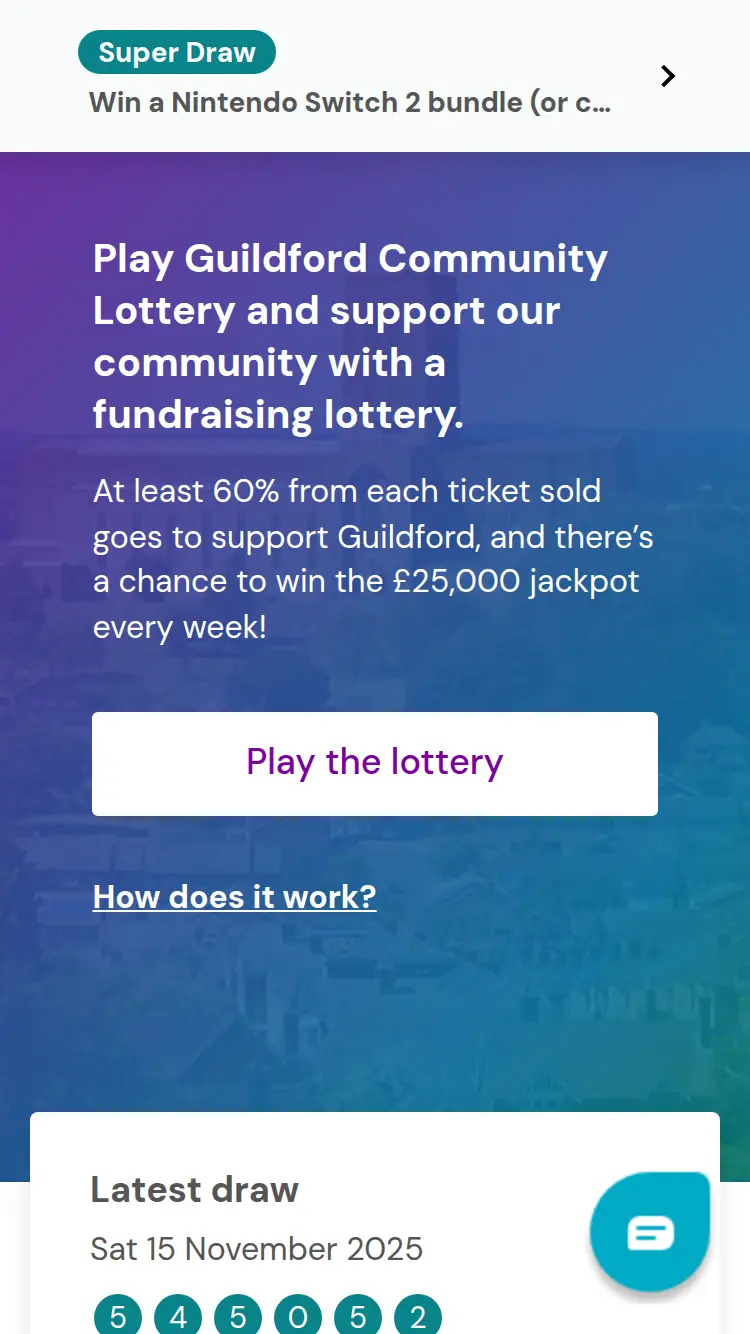 Guildford Lottery - homepage (mobile)