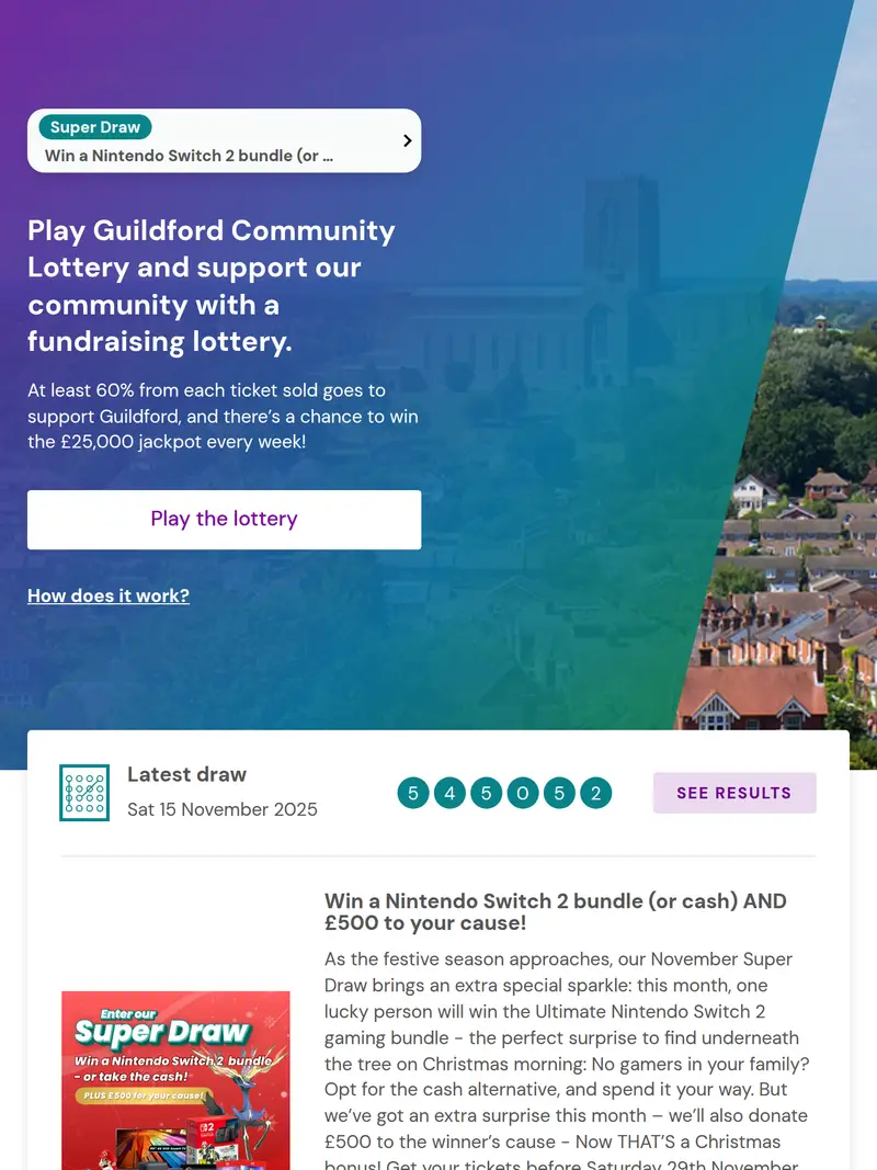 Guildford Lottery - homepage (tablet)