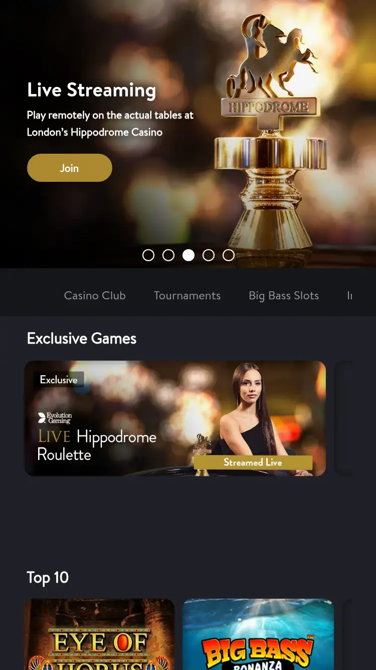 Hippodrome Online - homepage (mobile)