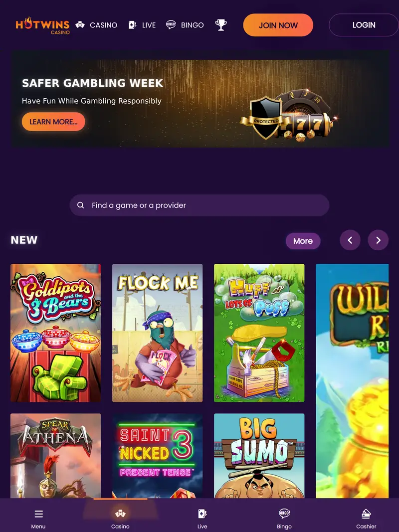 Hot Wins Casino - homepage (tablet)