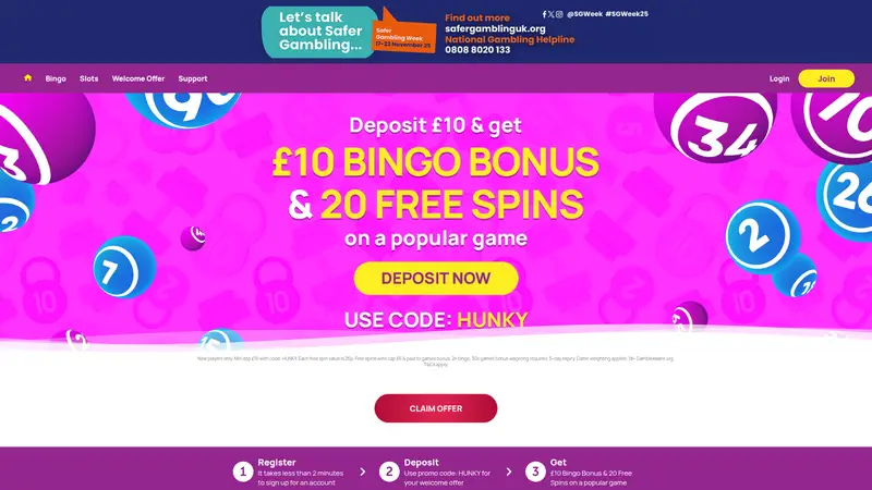 Hunky Bingo - homepage (desktop)