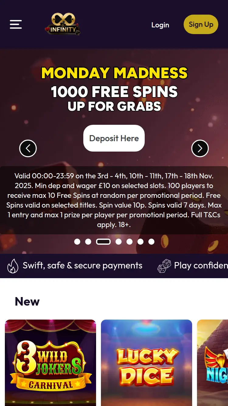 Infinity Casino - homepage (mobile)